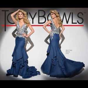 Tony Bowls denim evening gown